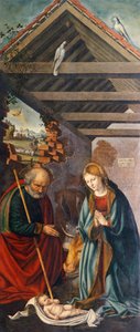 Anbetung des Kindes, zentrales Panel des Triptychons, das die Geburt mit den Heiligen Franziskus und Bartholomäus mit zwei Stiftern darstellt