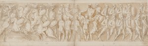 Römische Kavallerie (LXV); ein abgetrennter Kopf (von Guerra als Gefangener interpretiert) und ein deutscher Gefangener werden vor den Kaiser gebracht (LXVI); vorrückende Römer (LXVII) von Giovanni Guerra