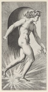 Apollo fährt seinen Wagen in einer Nische, nach rechts gewandt, aus einer Serie von mythologischen Darstellungen