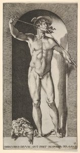Merkur steht in einer Nische und spielt seine Pfeifen, mit dem abgetrennten Kopf eines alten Mannes, 1526 von Giovanni Jacopo Caraglio