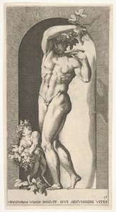 Tafel 17: Bacchus steht in einer Nische und hält Trauben über einen Teller, begleitet von einem Kind..., 1526 von Giovanni Jacopo Caraglio