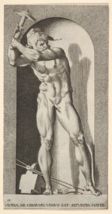 Vulkan steht in einer Nische und schwingt einen Hammer, mit einem Amboss, Hammer und Zangen, 1526 von Giovanni Jacopo Caraglio