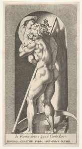 Platte 1: Saturn in einer Nische, der seinen Sohn verschlingt, vor einer Sense stehend, aus einer Serie von... von Giovanni Jacopo Caraglio
