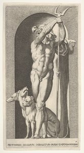Tafel 7: Pluto in einer Nische, hält einen Zweizack, mit Cerberus neben ihm, aus einer Serie von..., 1526 von Giovanni Jacopo Caraglio