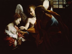 Heilige Agatha, betreut von Heiligem Petrus und einem Engel im Gefängnis, ca. 1614
