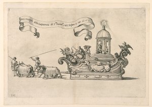 Ein Festwagen in Reggio, Italien: "Carro trionfale della Confraternità del S.to Sacrame.to di S. Stefano" (Der Triumphwagen der Bruderschaft des Heiligen Sakraments von St. Stephan). Tafel 2a aus A. Isacchi, "Relatione di Alfonso Isachi intorno l