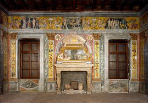 Sternzeichen: „Die Waage“ Oberes Medaillon mit Porträts der Kaiser Hadrian und Antoninus Pius. Das Fresko ist beschädigt. Fresko zugeschrieben Giovanni Maria Falconetto (1468-1534) um 1520 Mantua, Palazzo d
