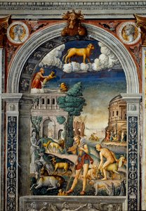 Sternzeichen: „Der Stier“ Oben Medaillons mit Porträts von Tiberius und Caligula. Unten, Legende zur Entstehung der Konstellation des Zeichens: der Gott Pan spielt die Flöte. Links legt eine Ziege ein Junges nieder von Giovanni Maria Falconetto
