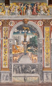 Das astrologische Zeichen des Löwen mit Diana, zwei Hirschen und einem Satyr wie auf einem Sarkophag im Bleinhaim-Palast; im Hintergrund der Arco degli Argentari in Rom und Herkules im Kampf gegen den Nemeischen Löwen, Kammer des Zodiaks von Giovanni Maria Falconetto