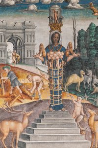 Das astrologische Zeichen des Löwen mit Diana, zwei Hirschen und einem Satyr wie auf einem Sarkophag im Bleinhaim-Palast; im Hintergrund der Arco degli Argentari in Rom und Herkules im Kampf gegen den nemeischen Löwen, Kammer des Tierkreises (Camera dello  von Giovanni Maria Falconetto