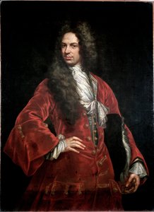 Porträt eines Gentlemans im roten Kostüm Gemälde von Giovanni Maria Delle Piane, genannt il Mulinaretto (1660-1745) Genua, Musei di Strada Nuova von Giovanni Maria delle called Mulinaretto Piane