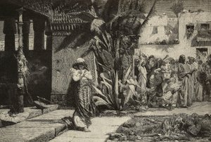 Magdalena, Frau mit Turban und Prozession in einem Dorf im Nahen Osten, Gravur von den Cantagalli-Brüdern nach einem Gemälde von Giovanni Muzzioli (1854-1894), Modena, Italien aus L