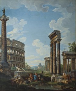 Ein Capriccio mit Figuren unter römischen Ruinen, einschließlich des Konstantinsbogens und des Pantheons