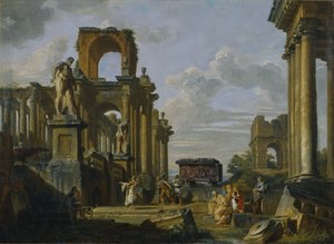 Architektonische Capriccio des römischen Forums mit Philosophen und Soldaten unter antiken Ruinen