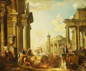 Marcus Curtius springt in den Abgrund, ein Capriccio mit der Trajanssäule und anderen klassischen Gebäuden im Hintergrund von Giovanni Paolo Pannini