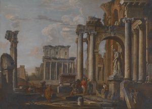 Ruinen mit dem Tempel des Antonius und der Faustina, ca. 1727-30 von Giovanni Paolo Pannini