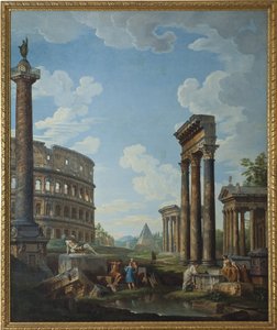 Ein Capriccio mit Figuren in römischen Ruinen, darunter der Konstantinsbogen und das Pantheon, das Kolosseum und die Trajanssäule