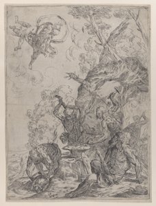 Die Schmiede des Vulkan mit Schmieden, die mit Hämmern auf einen Amboss schlagen, 1640-59 von Giovanni Pietro Possenti