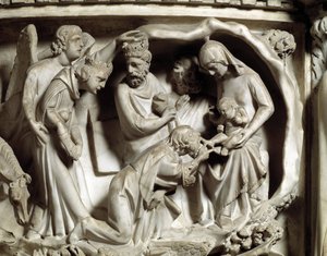 Detail der Reliefs des Stuhls von Giovanni Pisano (1248-1314): Anbetung der Heiligen Drei Könige (Detail) von Giovanni Pisano