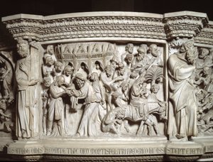 Detail der Reliefs des Stuhls: Die Darstellung Jesu im Tempel und die Flucht nach Ägypten (Detail) von Giovanni Pisano