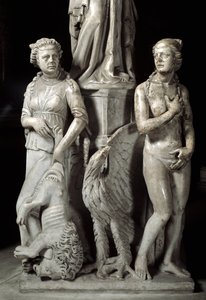 Detail der skulptierten Gruppen, die den Stuhl von Giovanni Pisano (1248-1314) tragen: zwei Kardinaltugenden (Detail der Skulpturen, die die Marmorkanzel tragen, zwei Kardinaltugenden) 1302-1311 Kathedrale von Pisa (Duomo di Pisa), Italien