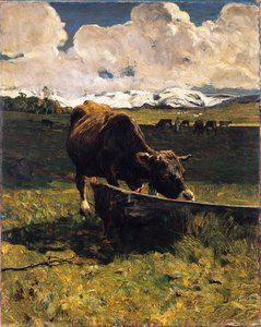 Braune Kuh am Trog von Giovanni Segantini