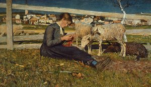 Mädchen strickt Socken, von Giovanni Segantini (1858-1899) von Giovanni Segantini
