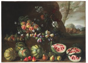Wassermelonen, Pfirsiche, Birnen und anderes Obst in einer Landschaft von Giovanni Stanchi