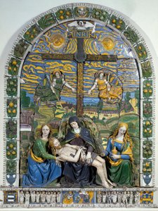 Die Kreuzabnahme (Pieta) Jesus Christus und die Jungfrau Maria umgeben von Johannes und Maria Magdalena vor dem Kreuz mit der Inschrift INRI. Flachreliefkeramik von Giovanni della Robbia (1469-1529) von Giovanni della Robbia