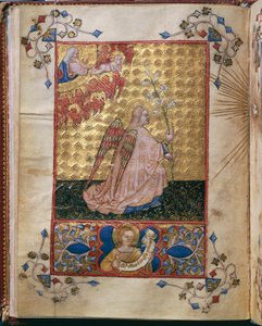 Italien, Verkündigung: der Engel mit einer Lilie, Miniatur von Giovanni di Benedetto da Como, aus Officium Beatae Mariae Virginis von Alberto de Porcelis von Giovanni di Benedetto da Como