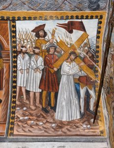 Geschichten der Passion Christi: Jesus geht mit dem Kreuz auf den Kalvarienberg und wird von Cyrenaeus unterstützt