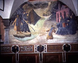 Der heilige Benedikt holt die Axt des Holzfällers aus dem See, Detail aus dem Freskenzyklus des Lebens des heiligen Benedikt aus dem Chiostro degli Aranci, ca. 1430er Jahre