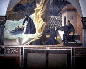 Der heilige Benedikt schickt Mauro, um den ertrinkenden Placidus aus dem See zu retten (Detail aus dem Freskenzyklus des Lebens des heiligen Benedikt aus dem Chiostro degli Aranci (Orangenkloster), ca. 1430er Jahre)