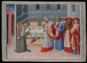 Heilige Klara von Assisi segnet das Brot vor Papst Innozenz IV. von Giovanni di Paolo