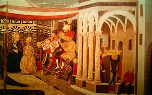 Frontal vom Adimari Cassone, das eine Hochzeitsszene vor dem Baptisterium darstellt, ca. 1450