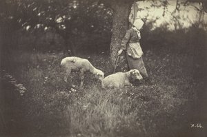 Hirtin, die sich an einen Baum lehnt, mit zwei Schafen, 1870 von Giraudon