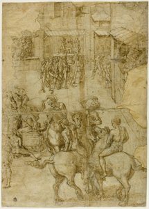Mythologische Parade (recto); Unleserliche Inschriften und anatomische Studien des Kopfes (verso)