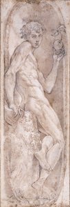 Adam hält einen Apfel, sitzend, in einem Medaillon, ca. 1547-1553 von Girolamo Mazzola Bedoli