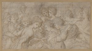 Umarmende Frauenfiguren, einige halten Notenblätter, 1570-73 von Girolamo Mirol.