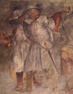 Figur eines Mannes, der Trompete spielt, Detail aus Fresko von Girolamo Romanino, Kirche des Heiligen Antonius, Breno, Italien