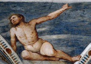 Männlicher Akt, Detail der Fresken von Girolamo Romanino (ca. 1484-nach 1559), im Auftrag von Bernardo Clesio