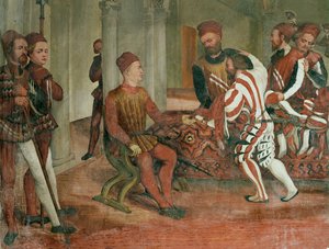 Händler präsentieren Bartolomeo Colleoni Kleidung und Teppiche von Girolamo Romanino