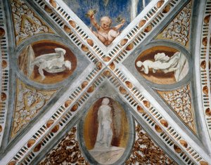 Mosaiknischen und Statuen, Detail der Fresken von Girolamo Romanino, im Auftrag von Bernardo Clesio