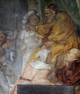 Nebukadnezar, Detail aus dem Wunder der drei Gefährten Daniels, Fresko von Girolamo Romanino, Detail der rechten Wand der Kirche des Heiligen Antonius Abt, Breno, Italien