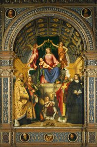 Altarbild der Heiligen Justina: Madonna auf dem Thron mit den Heiligen Benedikt, Justina, Prosdocimo und Scholastica