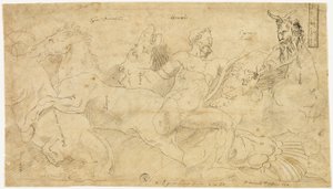Antikes Relief mit Herkules und den Stuten des Diomedes (recto); Zwei Skizzen: Drapierter Satyr und geflügelte weibliche Figur (verso) von Girolamo da Carpi