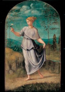 Junge Frau mit Blume vor einer weiten Landschaft von Girolamo da Carpi