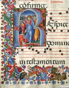 Illuminierte Initiale, die Christus und den Aussätzigen darstellt. Miniatur von Girolamo da Cremona (aktiv um 1451-1483) und Liberale da Verona (1445-1529) aus einem Chorbuch (Cod. 19/4. c.26.) aus der Kathedrale von Siena. 15. Jahrhundert von Girolamo da Cremona