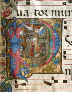 Lettrine P dekoriert, die die Miniatur Geburt Christi von Girolamo da Cremona darstellt, aus einem Chorbuch (Cod. 18/3) aus der Kathedrale von Siena. 15. Jahrhundert von Girolamo da Cremona