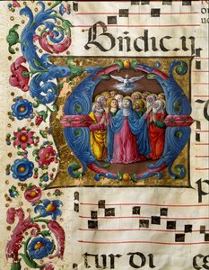 Die Taube des Heiligen Geistes erscheint der Jungfrau Maria und den Aposteln. Miniatur von Girolamo da Cremona (aktiv um 1451-1483) aus einem Chorbuch (Cod. 10/L. c.32v) aus der Kathedrale von Siena. 15. Jahrhundert von Girolamo da Cremona